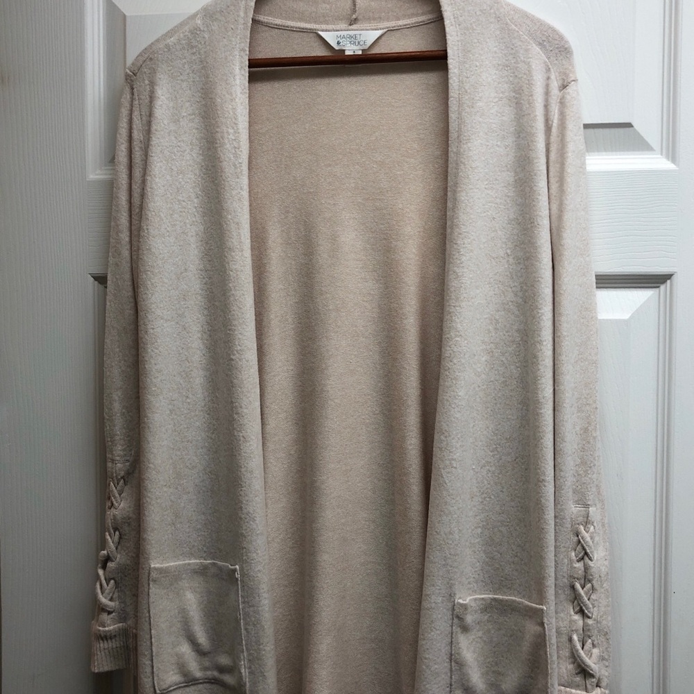 Market & Spruce Light Cream Open-Front Knit Cardigan with Pocket Detail